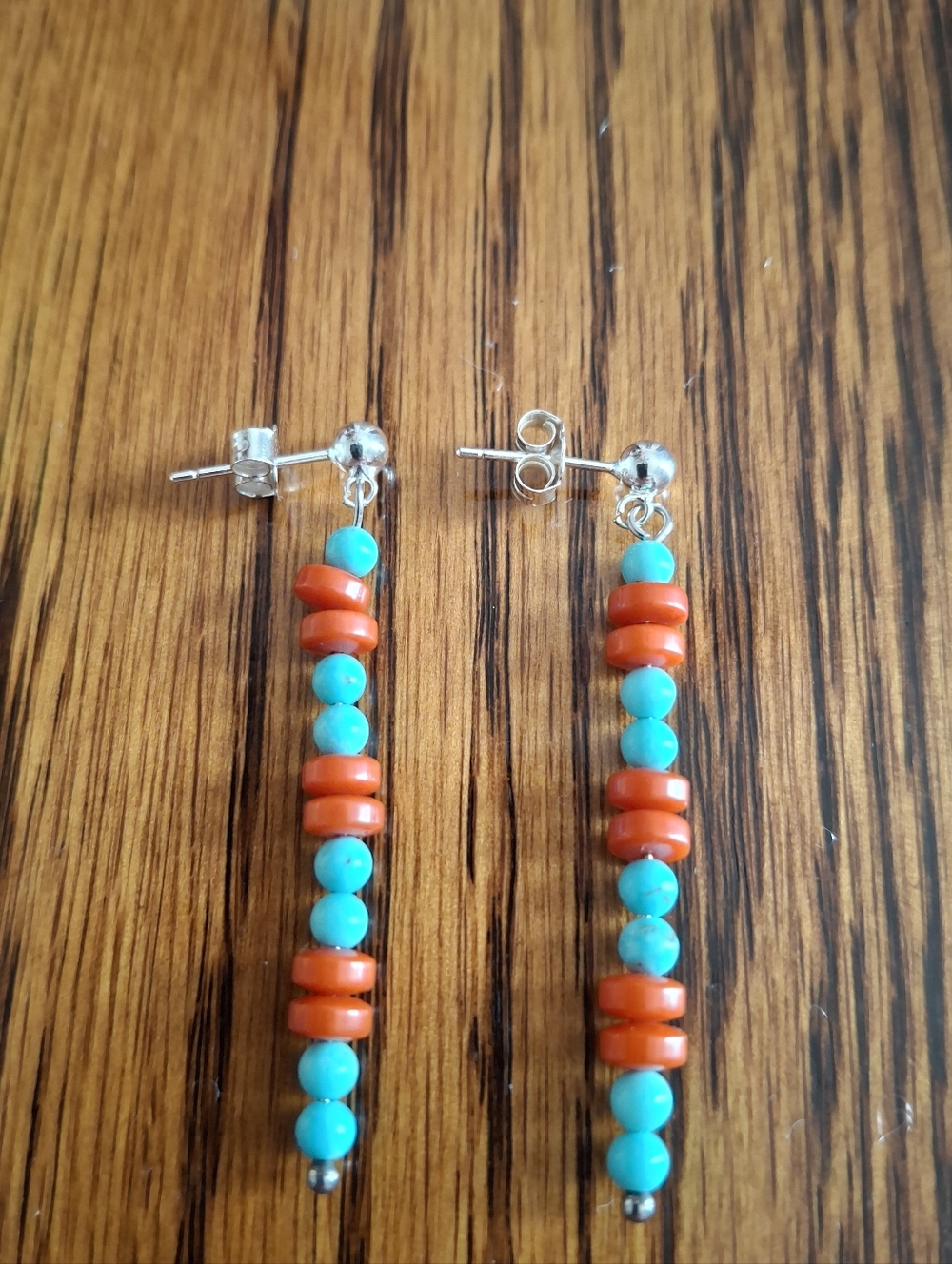 Earrings Turquoise And Coral Beaded Matchstick Earrings Sterling Silver Studs
